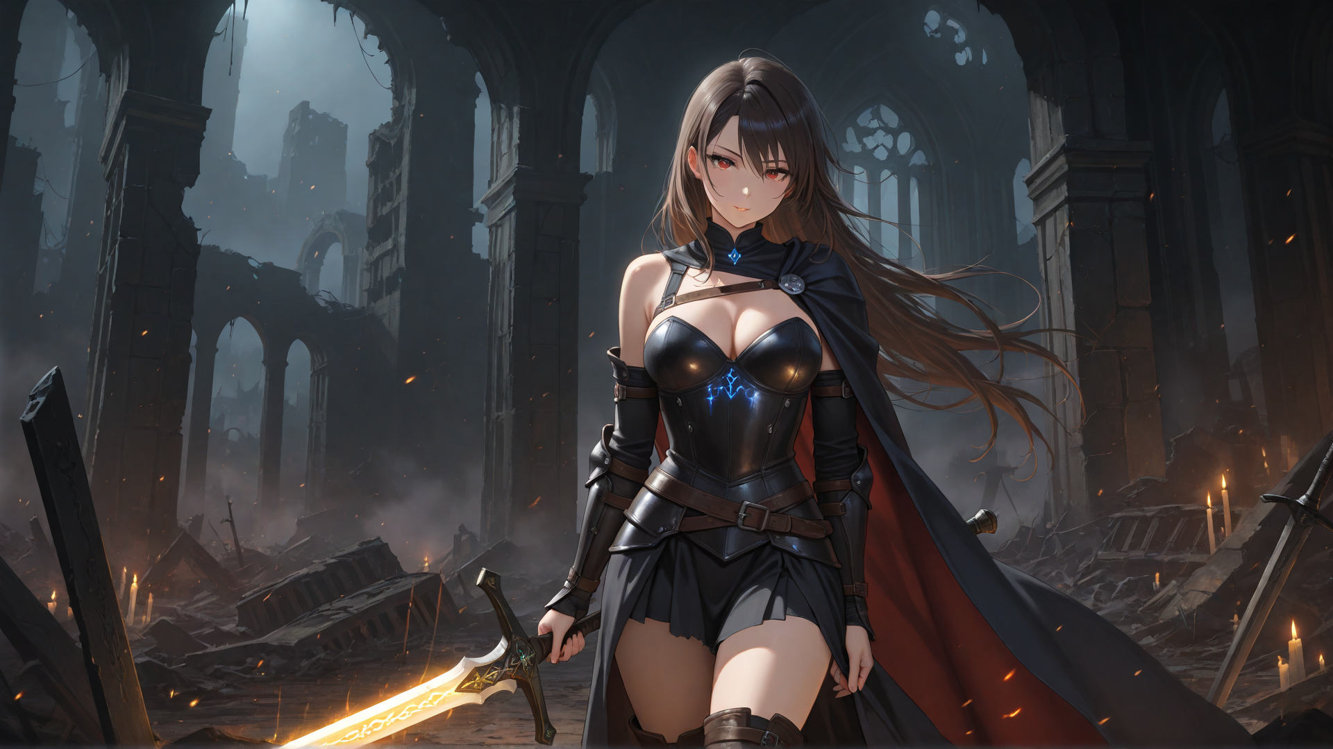 AI generated wallpaper featuring warrior, sword, cathedral
