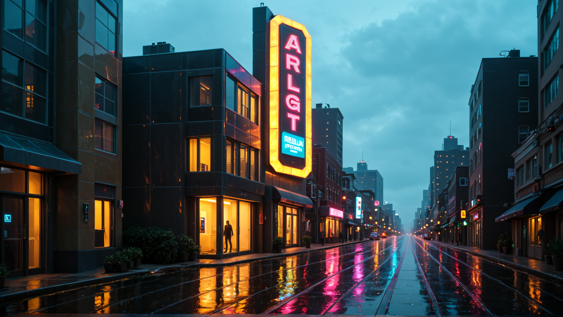 AI generated wallpaper featuring city, street, neon sign, buildings, rain, person, road, lights, sky, bushes