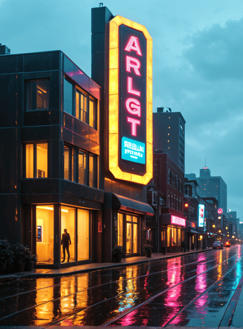 city, street, neon sign, buildings, rain, person, road, lights, sky, bushes
