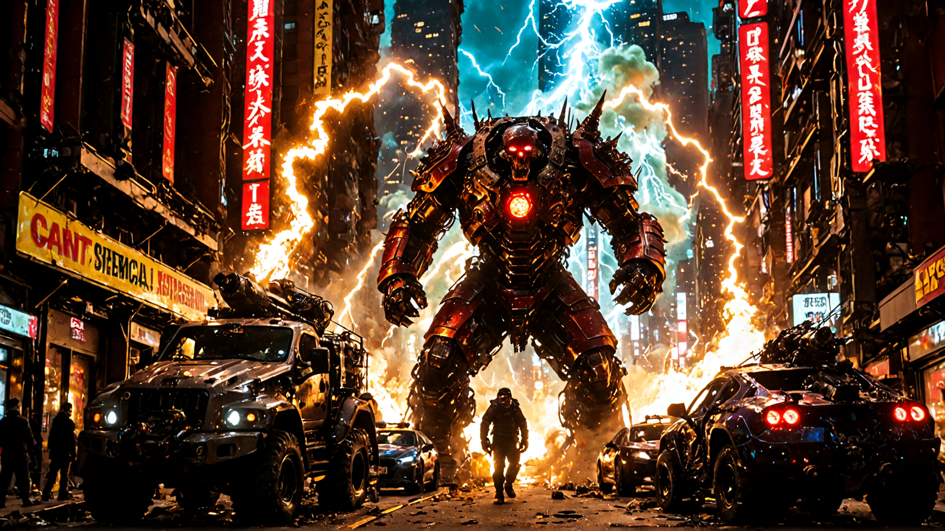 AI generated wallpaper featuring mechanical, robot, city, cars, buildings, signs, fire, lightning, people, debris