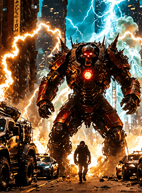 mechanical, robot, city, cars, buildings, signs, fire, lightning, people, debris