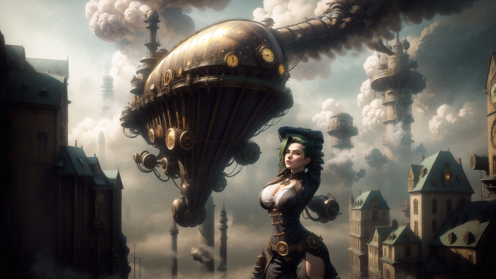 AI generated wallpaper featuring steampunk, airship, woman, cityscape, clock