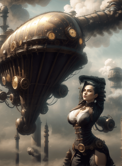 steampunk, airship, woman, cityscape, clock