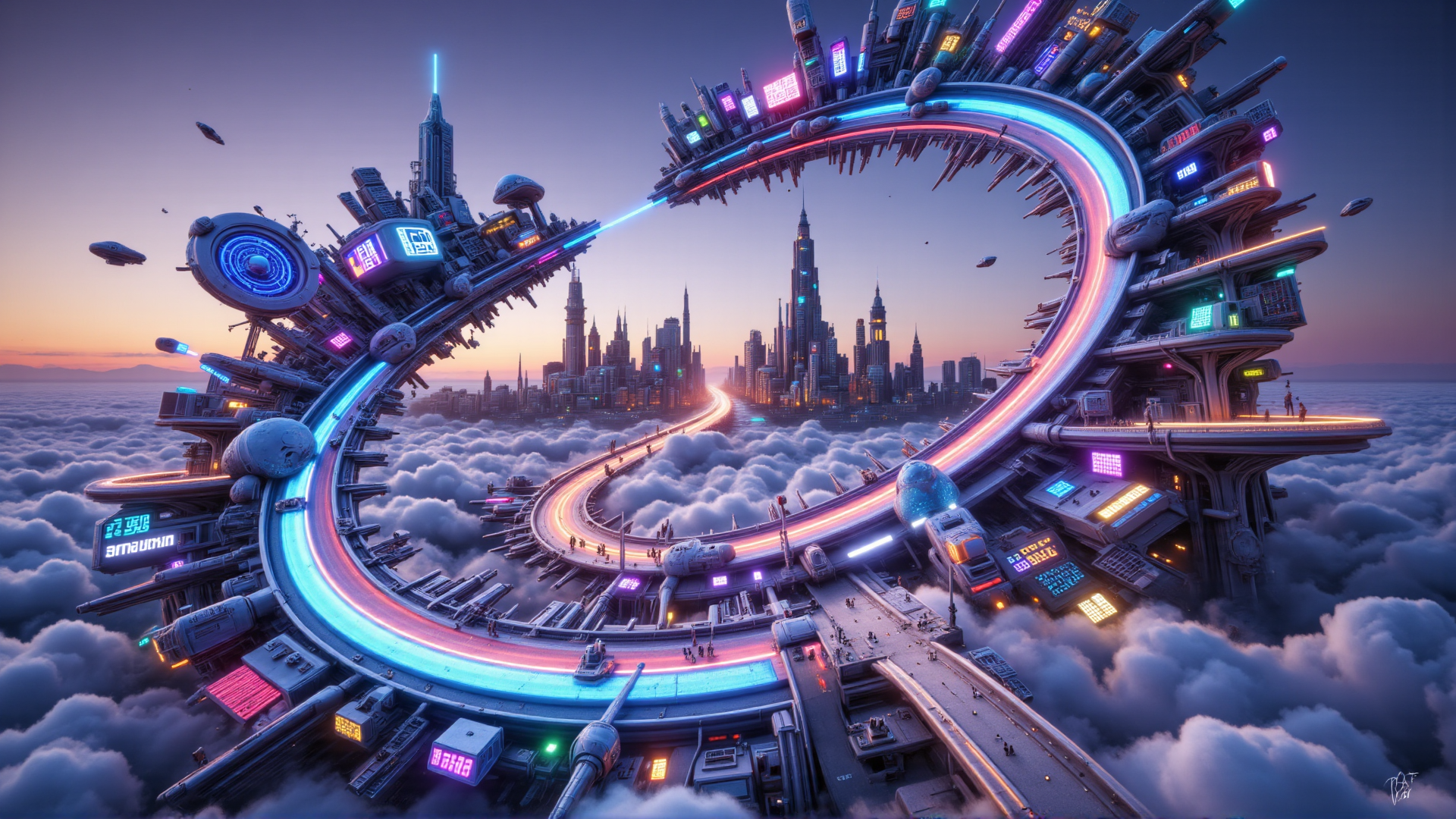 AI generated wallpaper featuring city, space station, cloud