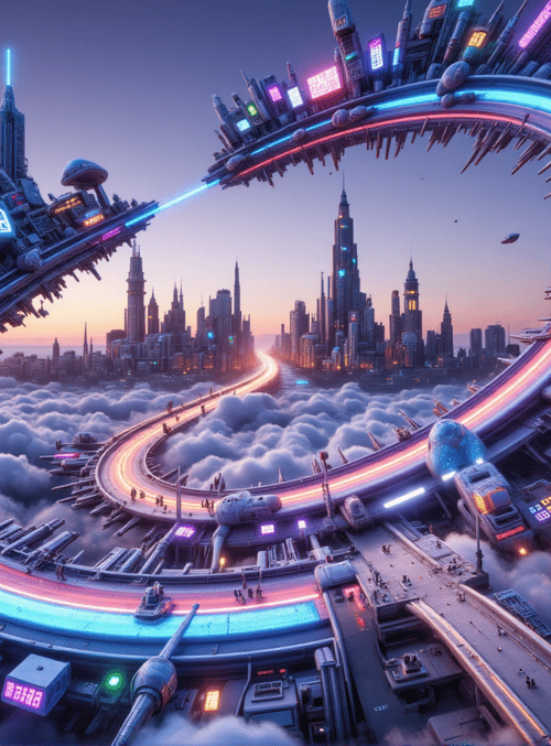 city, space station, cloud