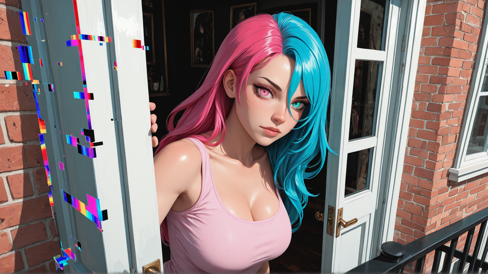AI generated wallpaper featuring woman, door, brick wall