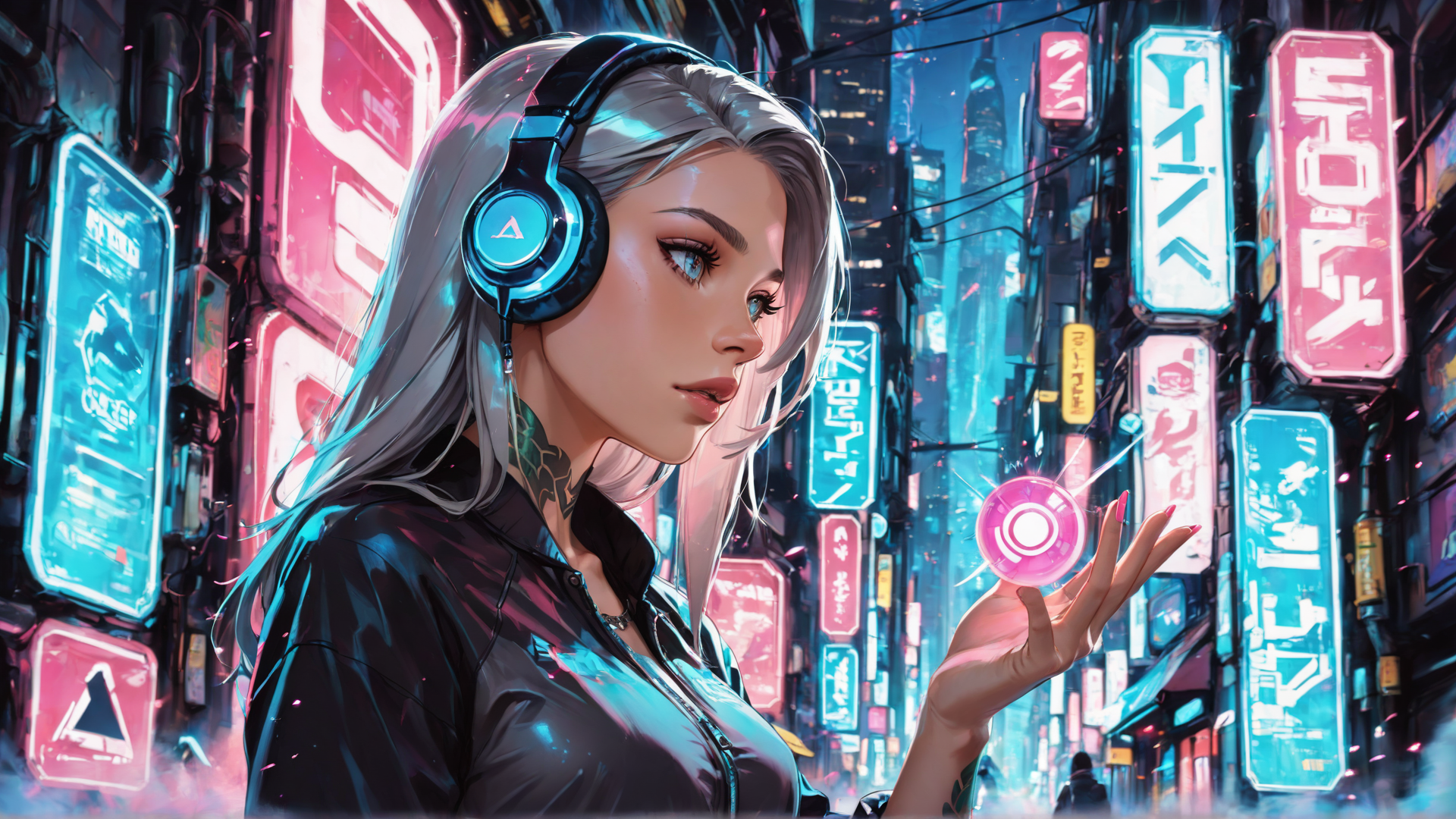 AI generated wallpaper featuring woman, headphones, neon signs, cityscape, glowing orb