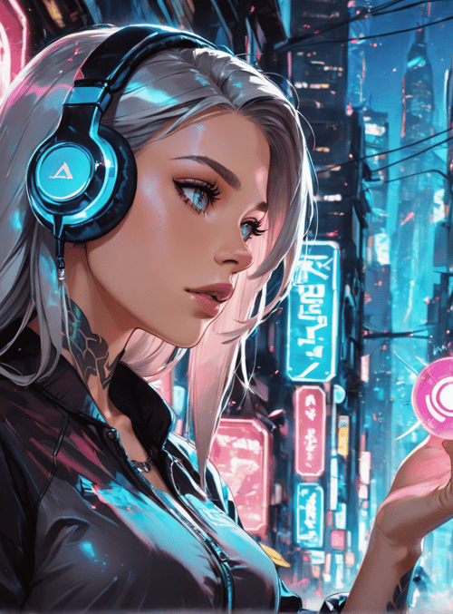 woman, headphones, neon signs, cityscape, glowing orb