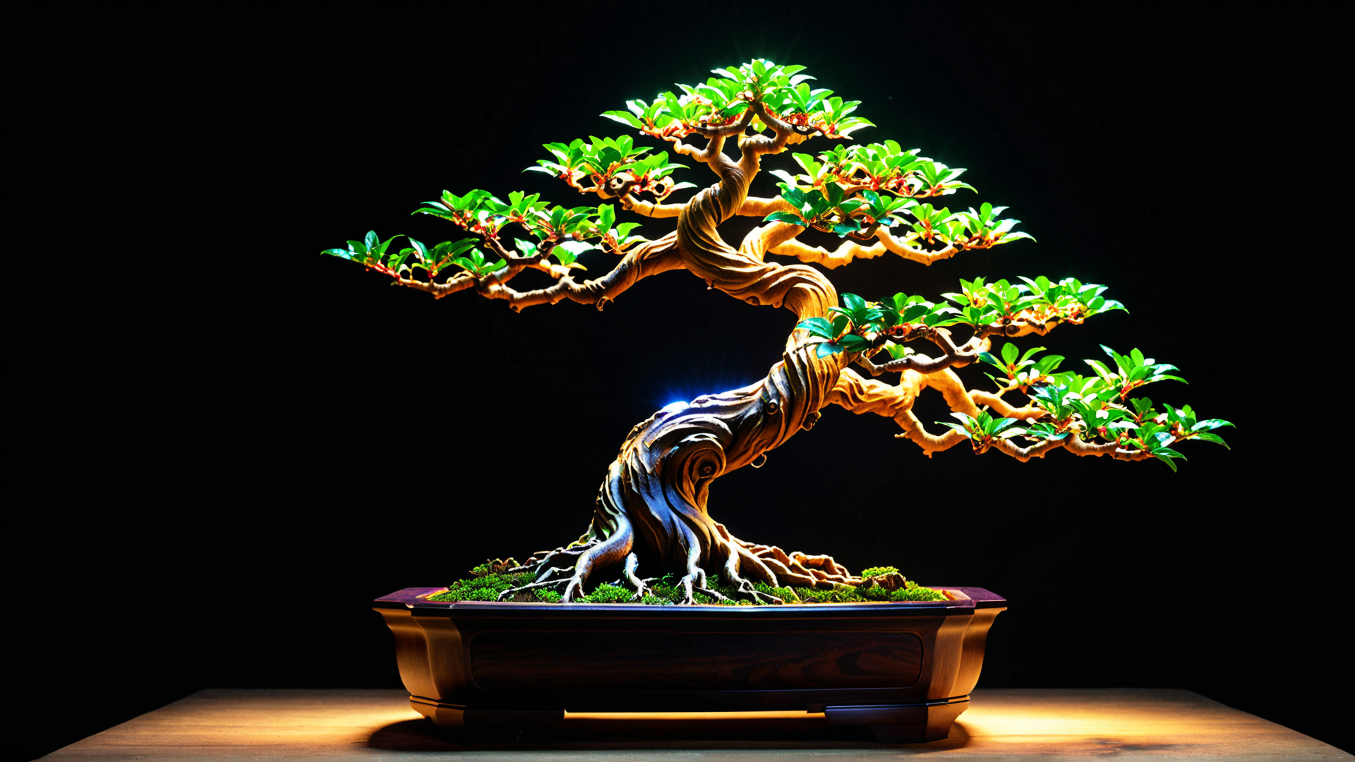 AI generated wallpaper featuring bonsai, tree, plant, pot, roots, leaves, branches, trunk, moss, container