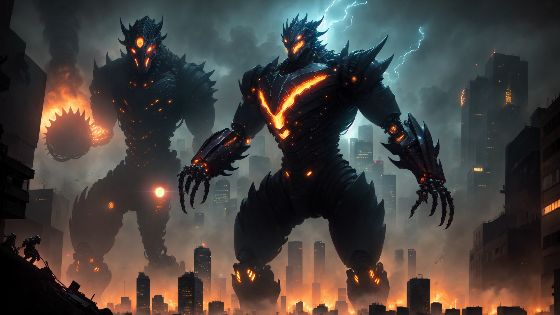 AI generated wallpaper featuring giant robots, monsters, cityscape, soldiers