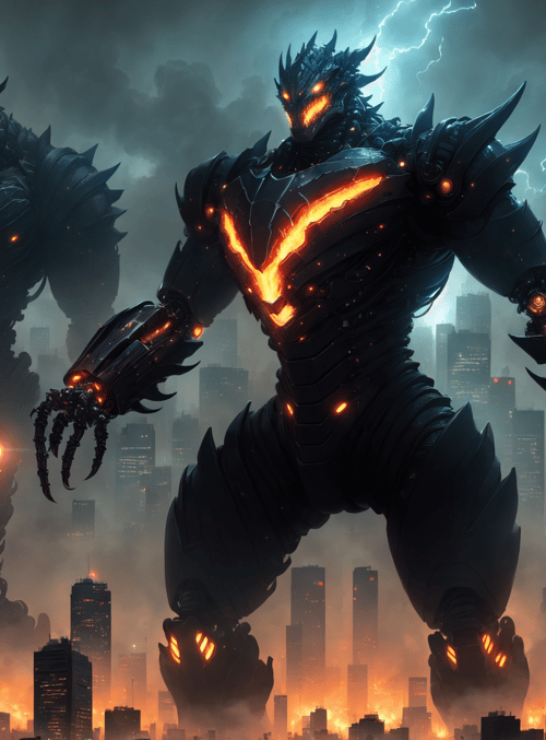 giant robots, monsters, cityscape, soldiers