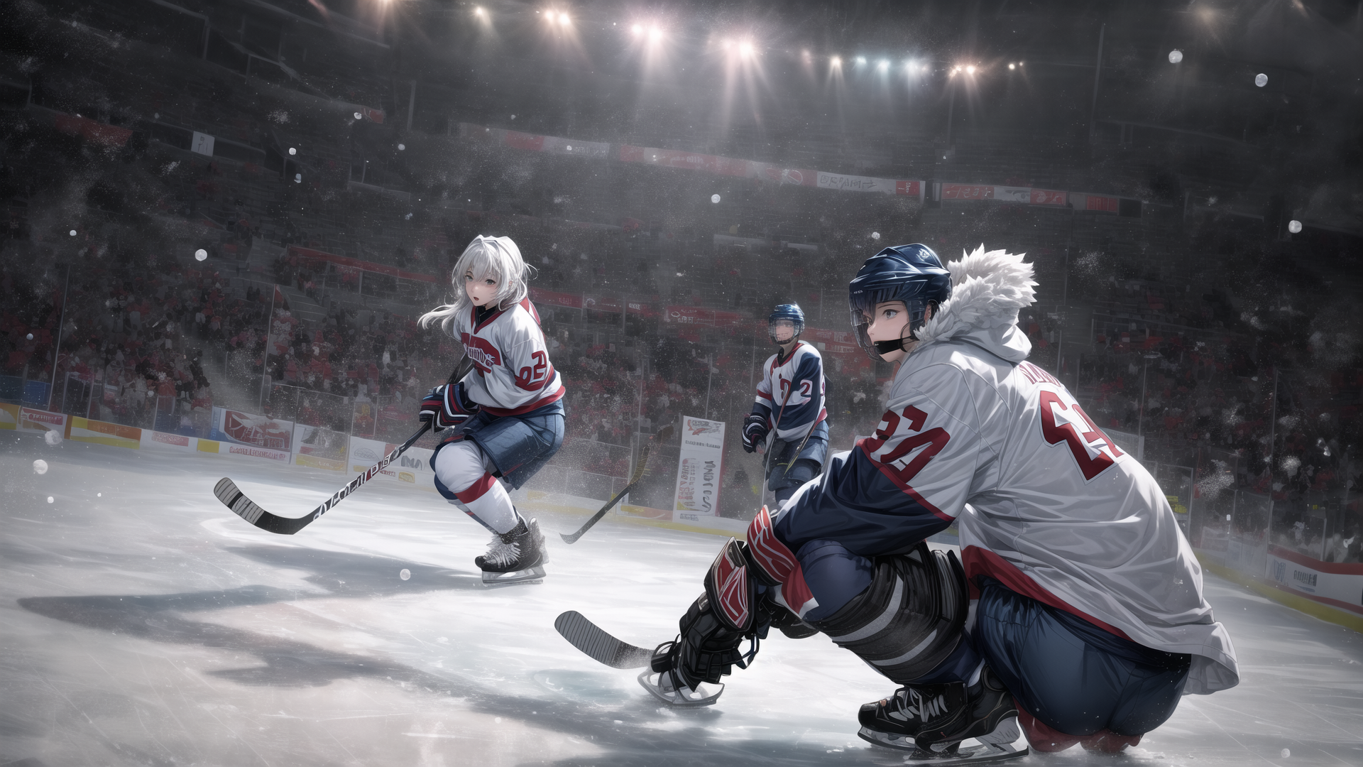 AI generated wallpaper featuring hockey players, ice rink, helmet, hockey stick, jersey, audience, ice, gloves, sweater, skates