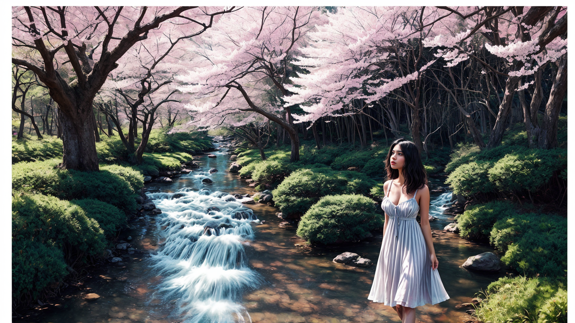 AI generated wallpaper featuring woman, cherry blossoms, river