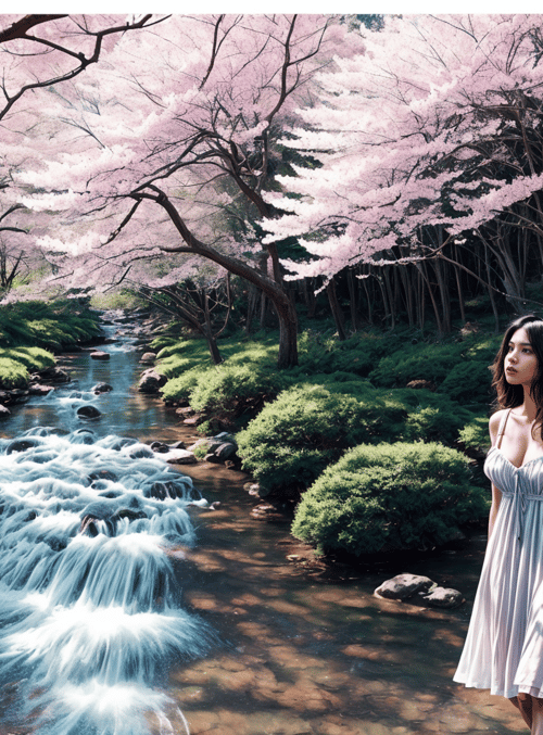 woman, cherry blossoms, river