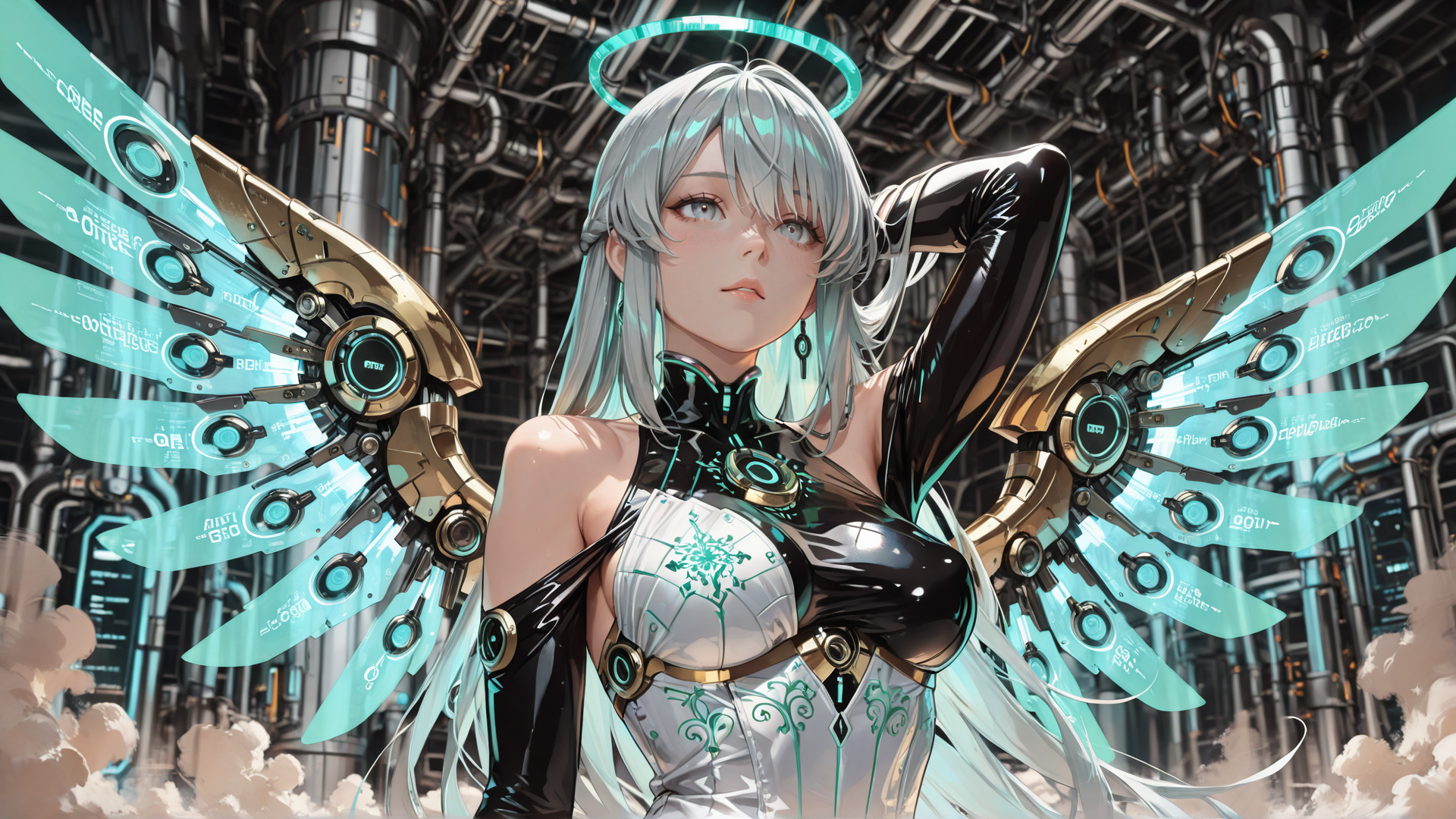 AI generated wallpaper featuring cyberpunk, angel, mechanical wings, futuristic, anime, digital, female, ai, glowing, neon