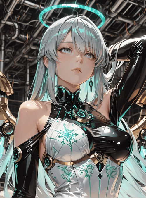 cyberpunk, angel, mechanical wings, futuristic, anime, digital, female, ai, glowing, neon