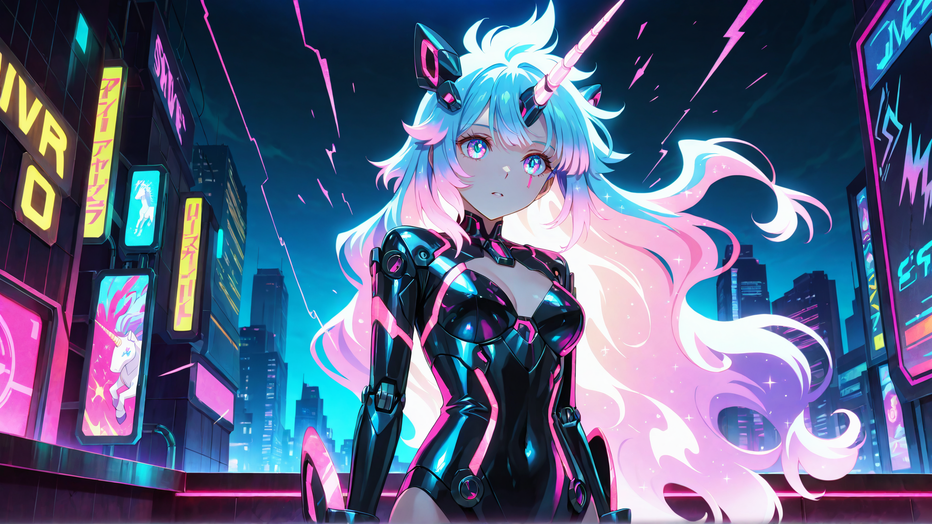 AI generated wallpaper featuring cyberpunk unicorn, anime girl, neon city