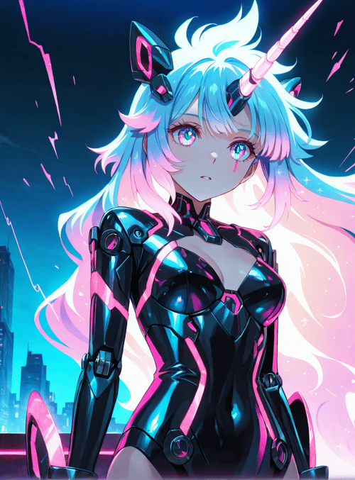 cyberpunk unicorn, anime girl, neon city