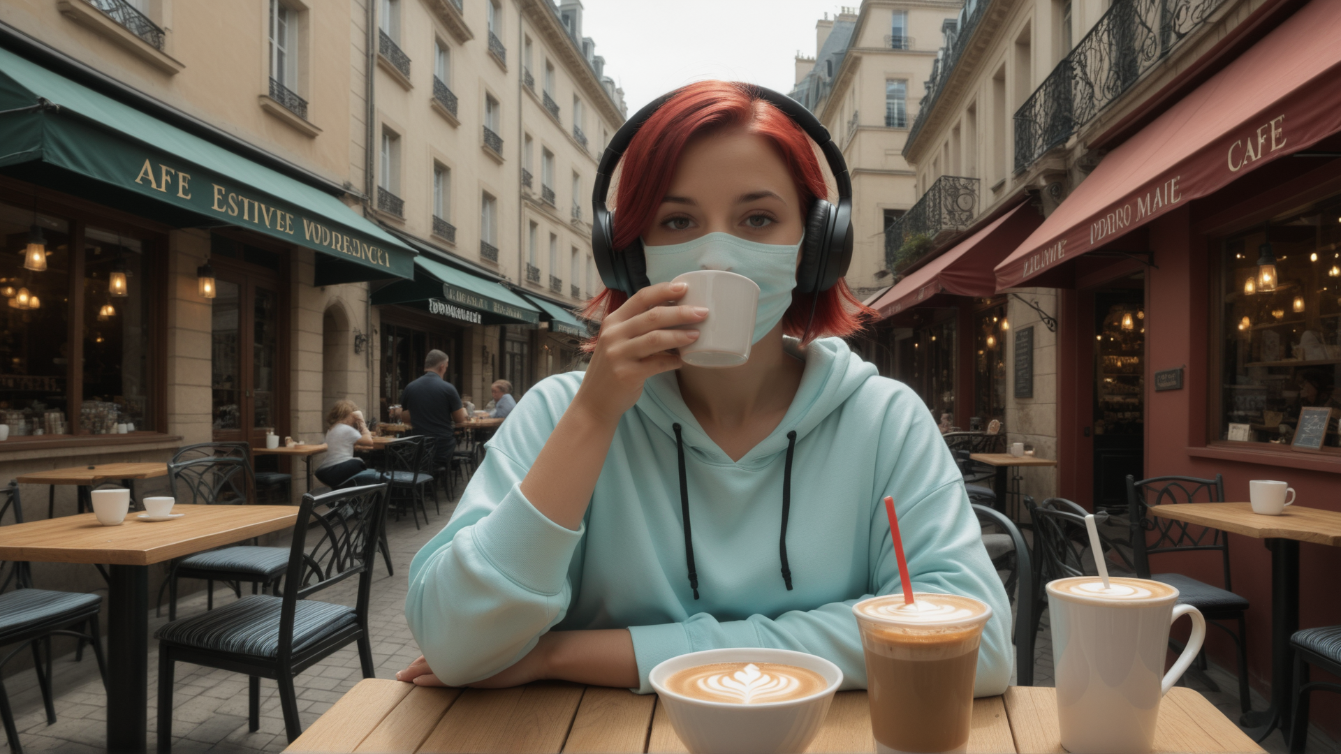 AI generated wallpaper featuring person, cafe, table, cup, headphones, mask, hoodie, street, building, drink