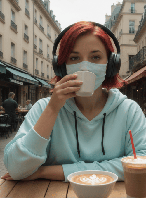 person, cafe, table, cup, headphones, mask, hoodie, street, building, drink
