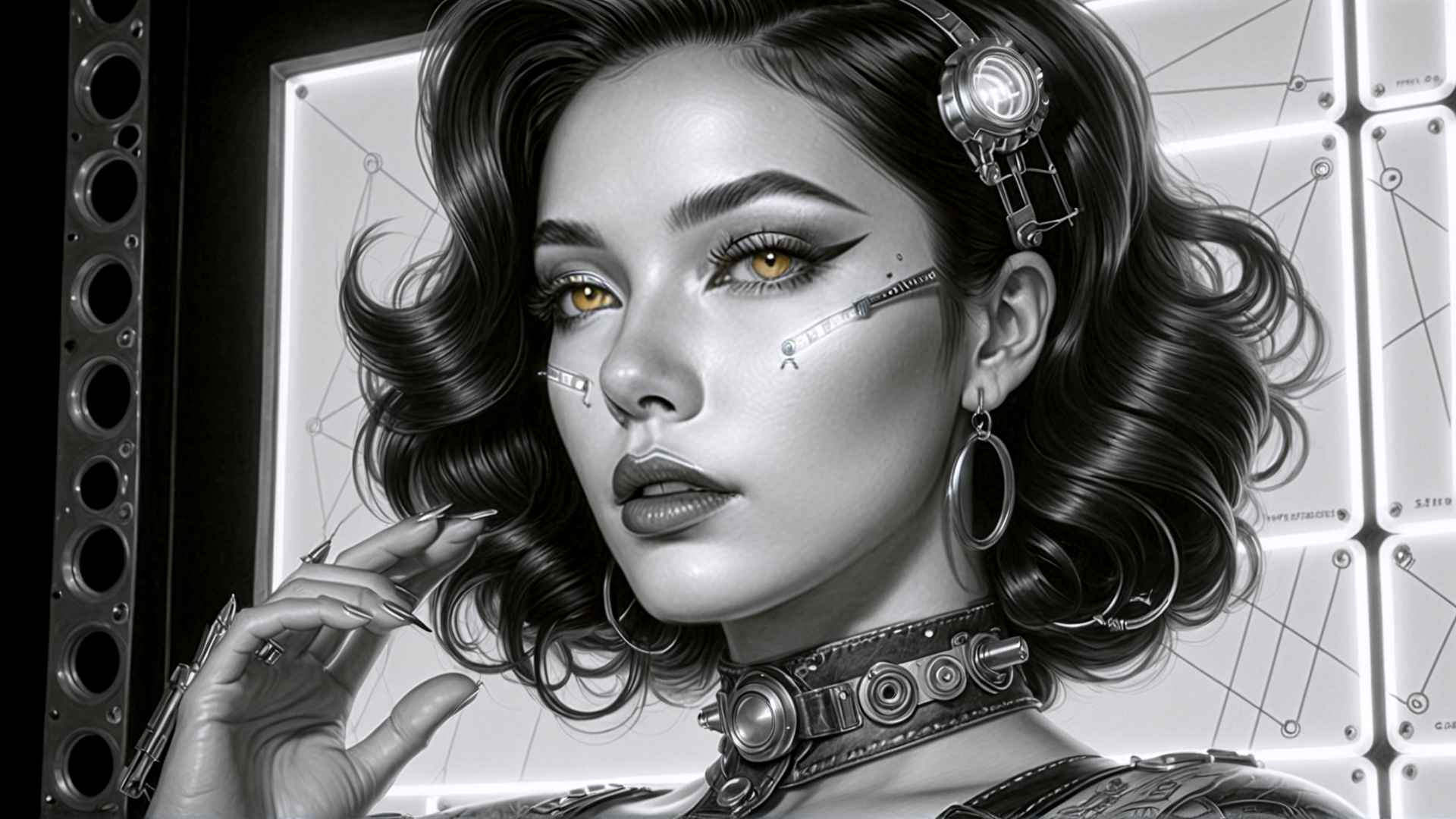 AI generated wallpaper featuring woman, cyborg, hair, glasses, earrings, choker, hands, pen, neon, screen