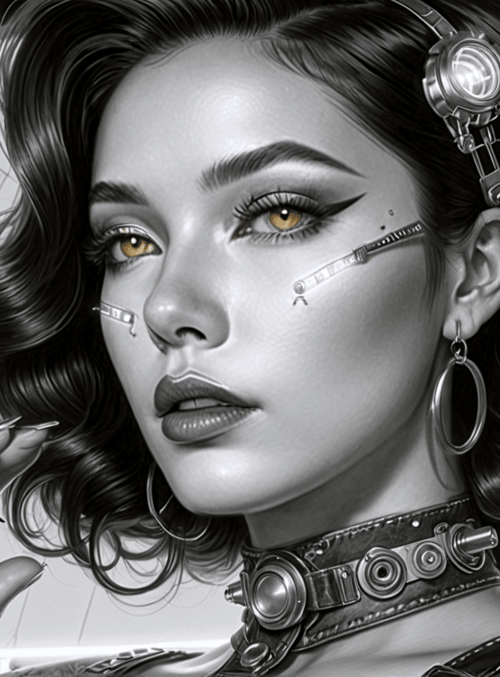 woman, cyborg, hair, glasses, earrings, choker, hands, pen, neon, screen