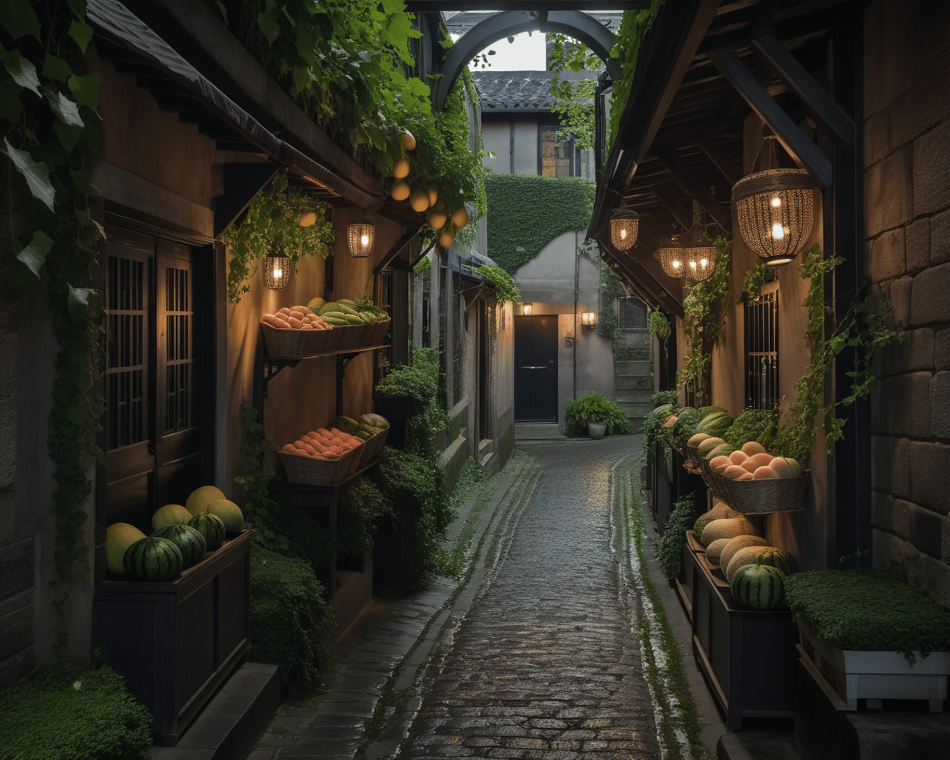 AI generated wallpaper featuring fruit, alley, market