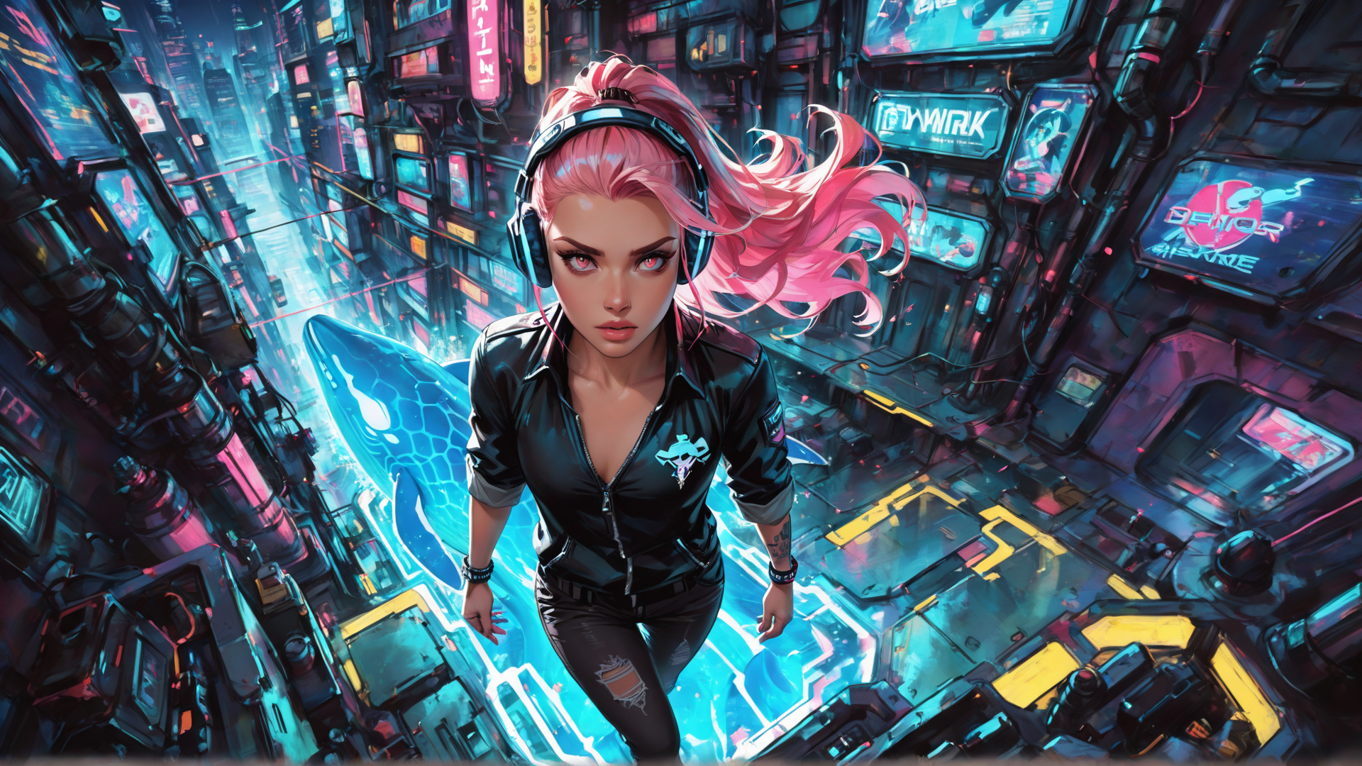 AI generated wallpaper featuring woman, cyberpunk, neon, cityscape, headphones, pink hair