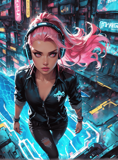 woman, cyberpunk, neon, cityscape, headphones, pink hair