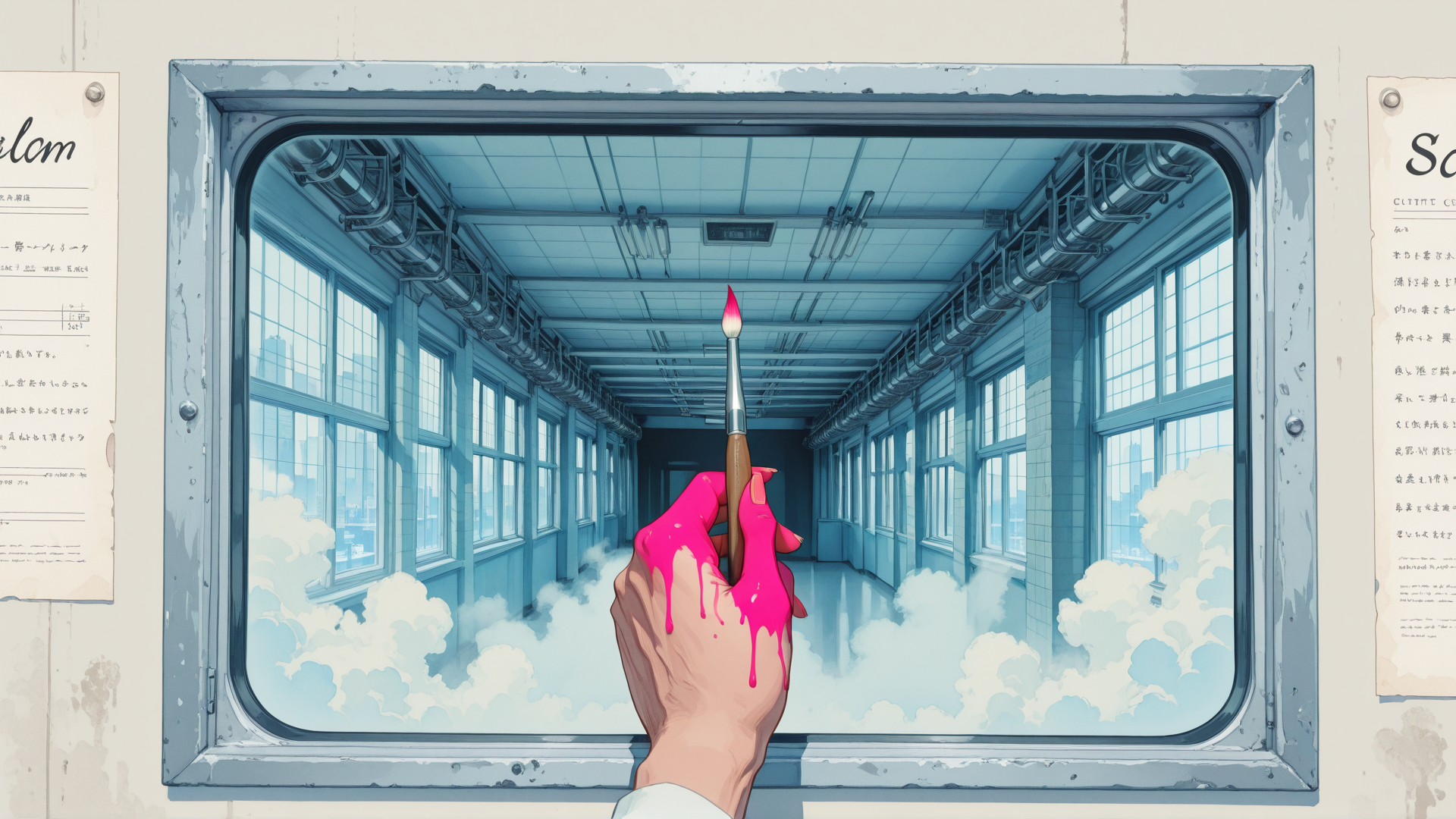 AI generated wallpaper featuring hand, paintbrush, window, clouds, room