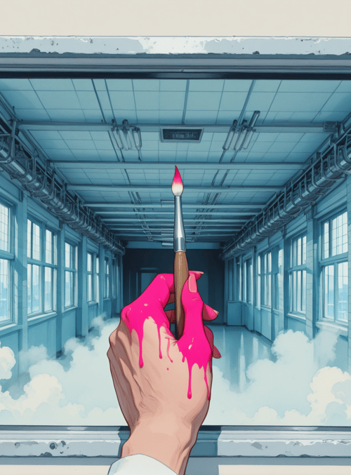hand, paintbrush, window, clouds, room