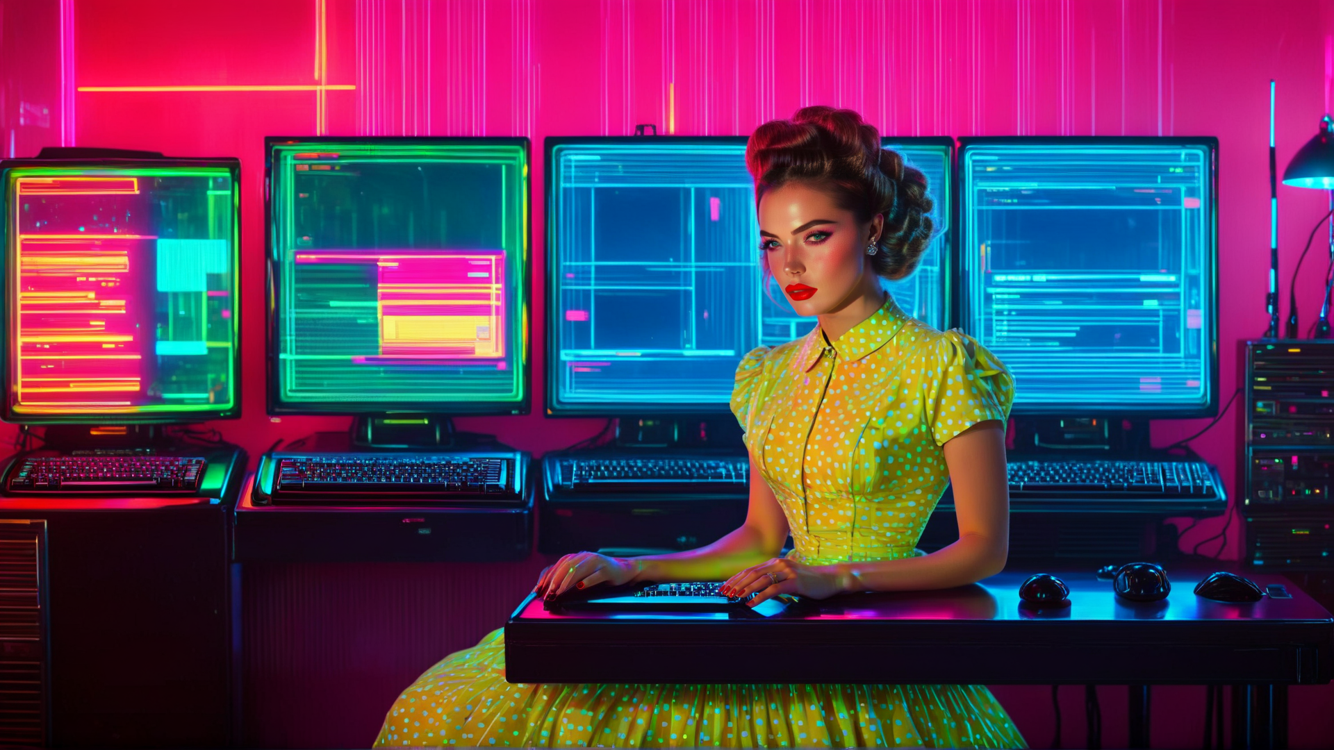 AI generated wallpaper featuring woman, computers, neon