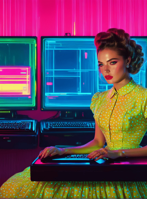 woman, computers, neon