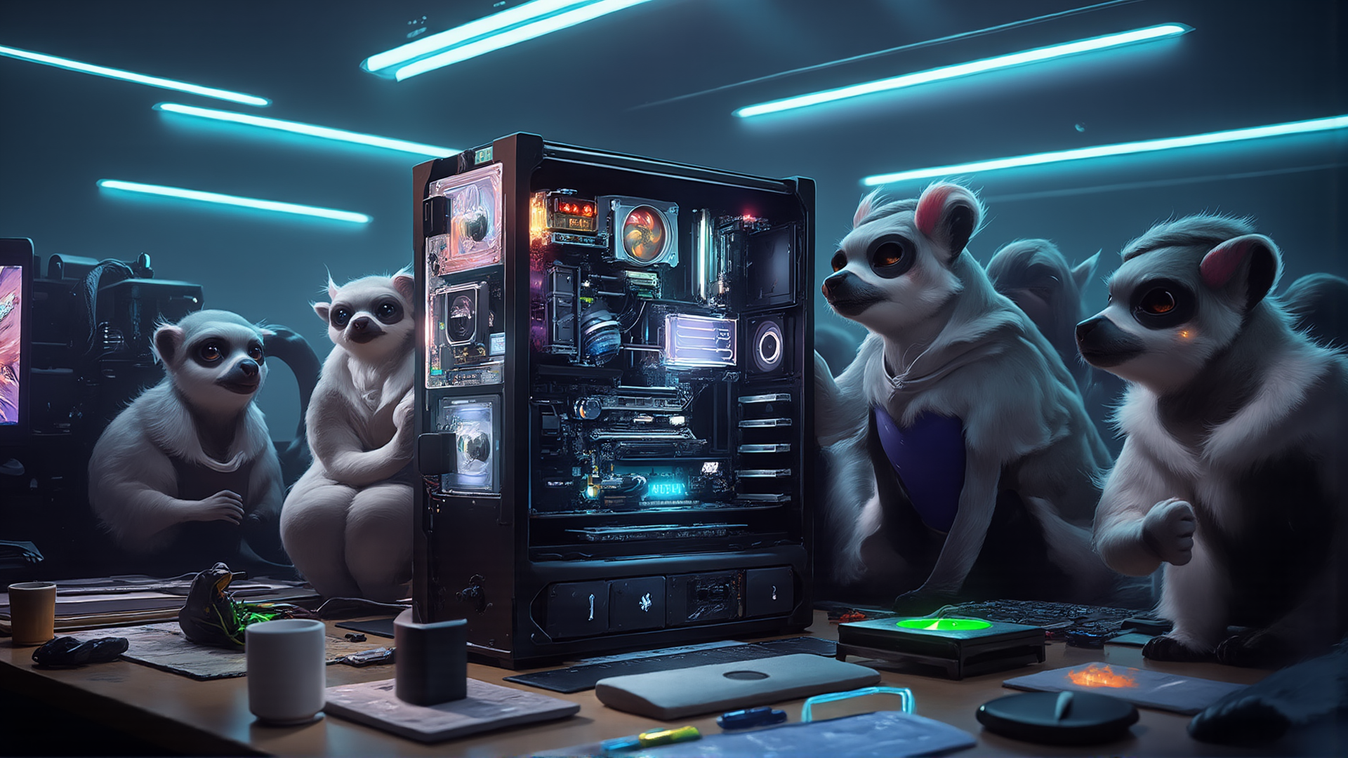 AI generated wallpaper featuring lemurs, computer, gaming setup, tech, table, monitor, keyboard, mouse