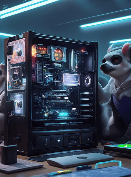 lemurs, computer, gaming setup, tech, table, monitor, keyboard, mouse