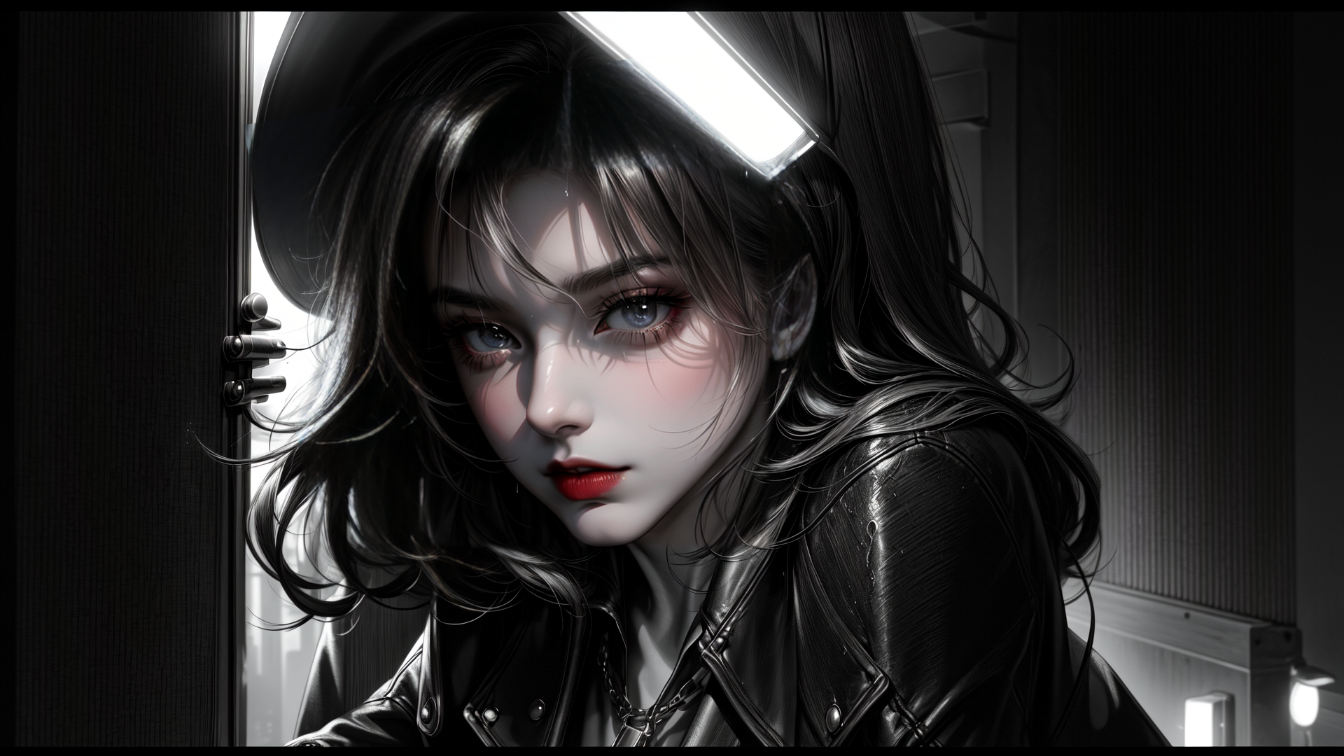 AI generated wallpaper featuring woman, leather jacket, hat