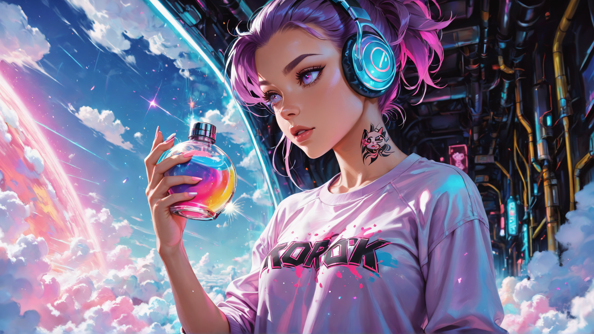 AI generated wallpaper featuring woman, headphones, bottle, tattoo, clouds, cityscape