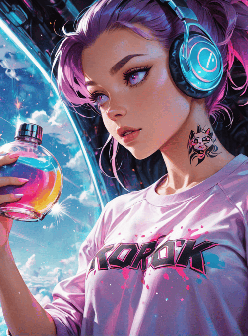 woman, headphones, bottle, tattoo, clouds, cityscape