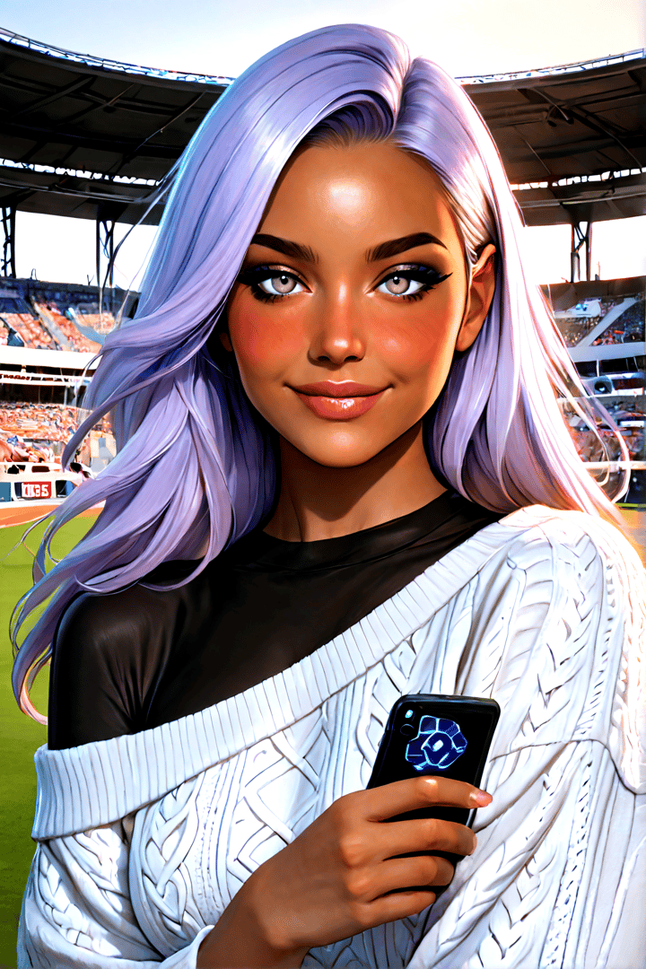 AI generated wallpaper featuring woman, hair, phone, sweater, stadium