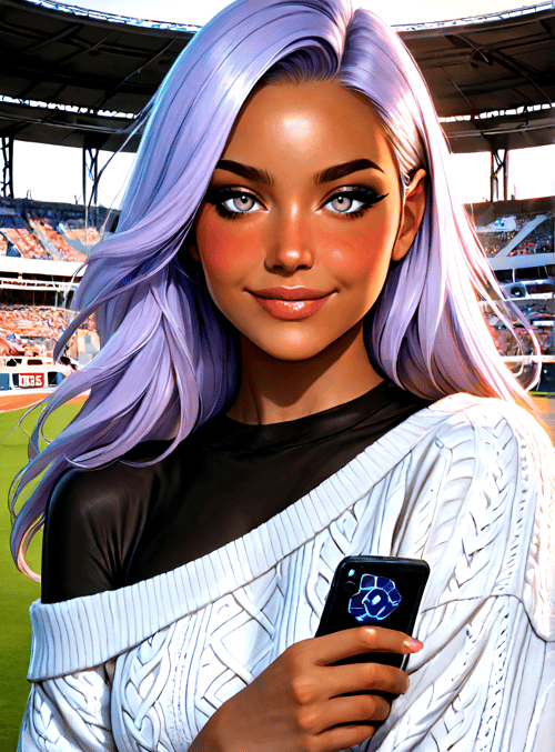 woman, hair, phone, sweater, stadium