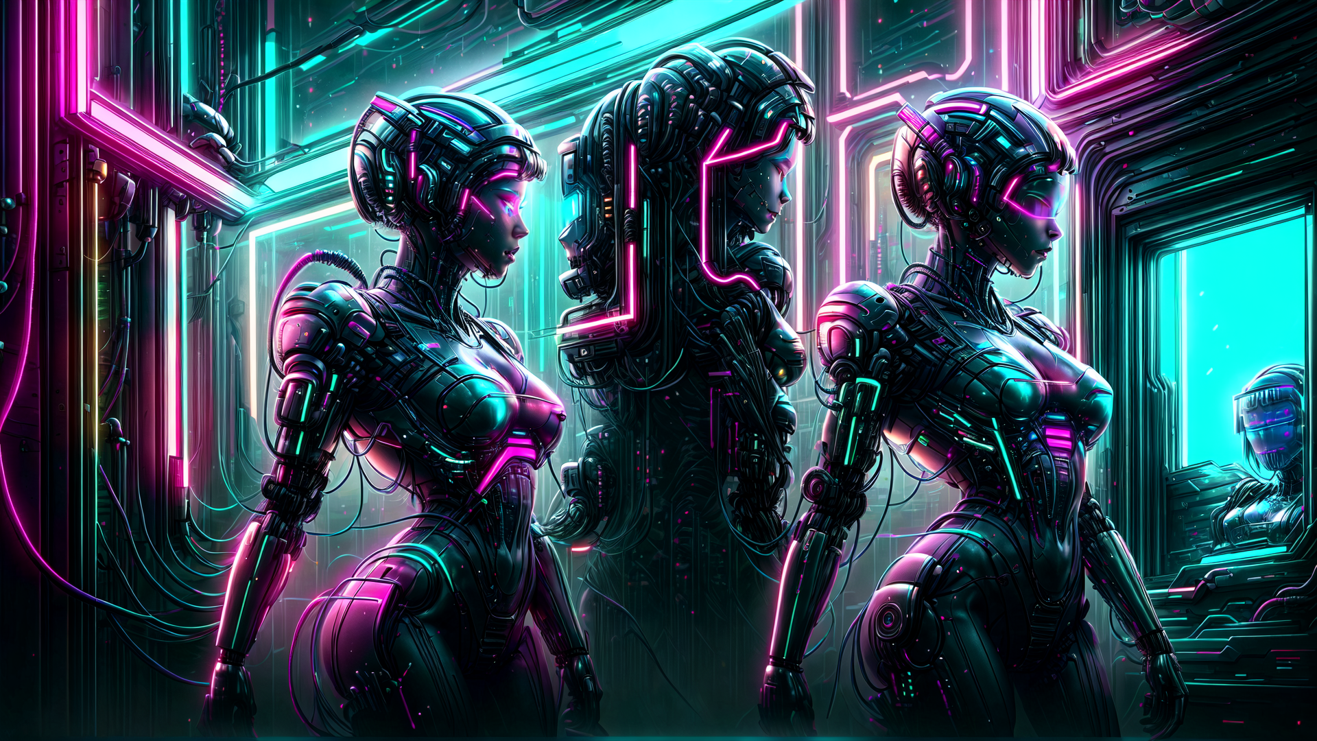 AI generated wallpaper featuring robots, cyborgs, neon
