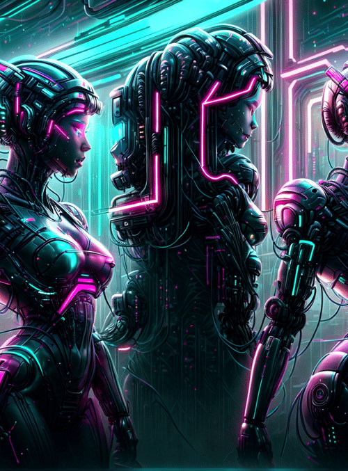 robots, cyborgs, neon