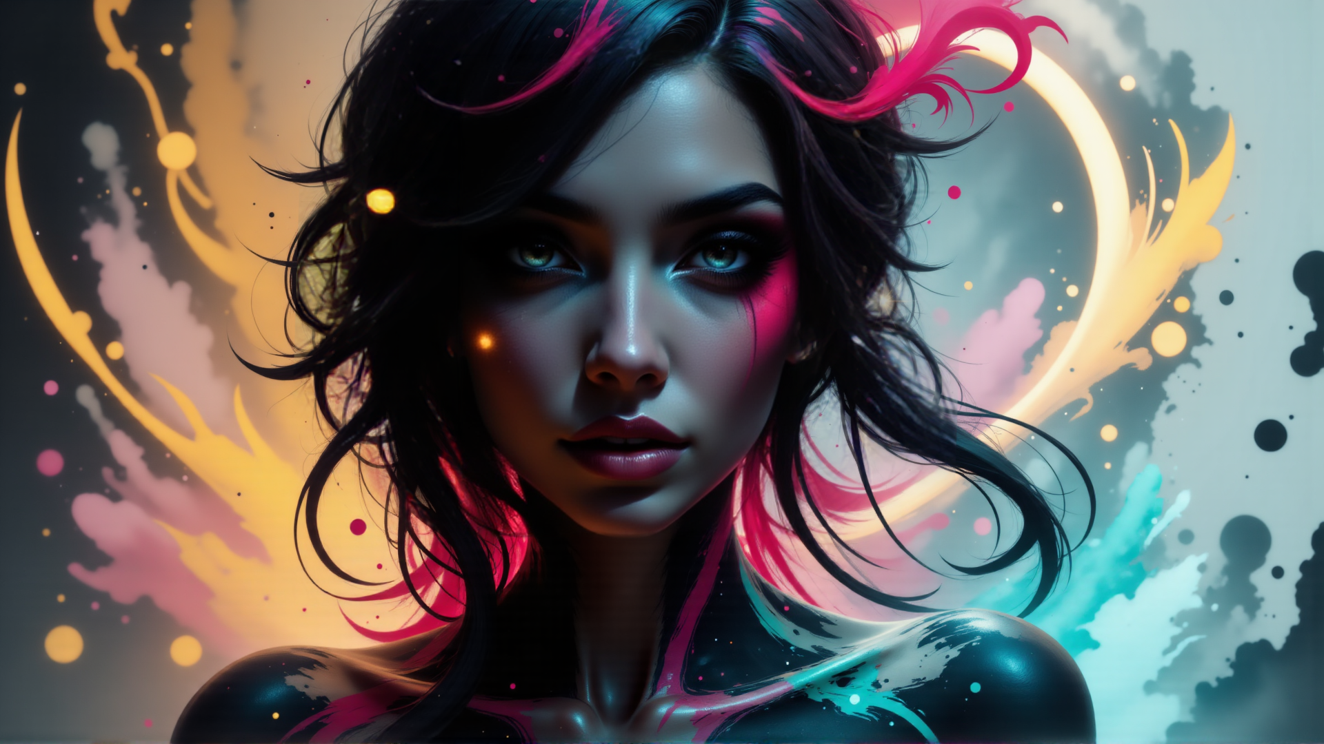 AI generated wallpaper featuring woman, hair, sunset, circle, dots
