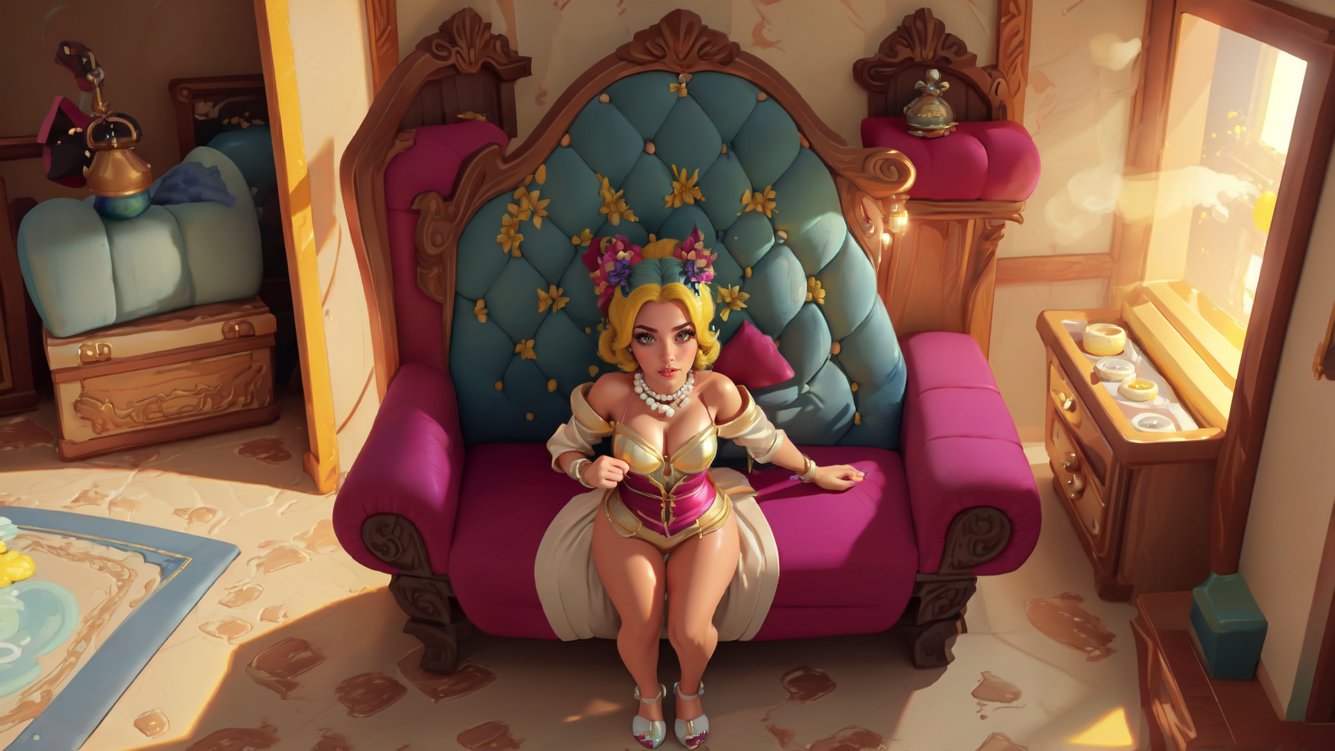 AI generated wallpaper featuring woman, armchair, room