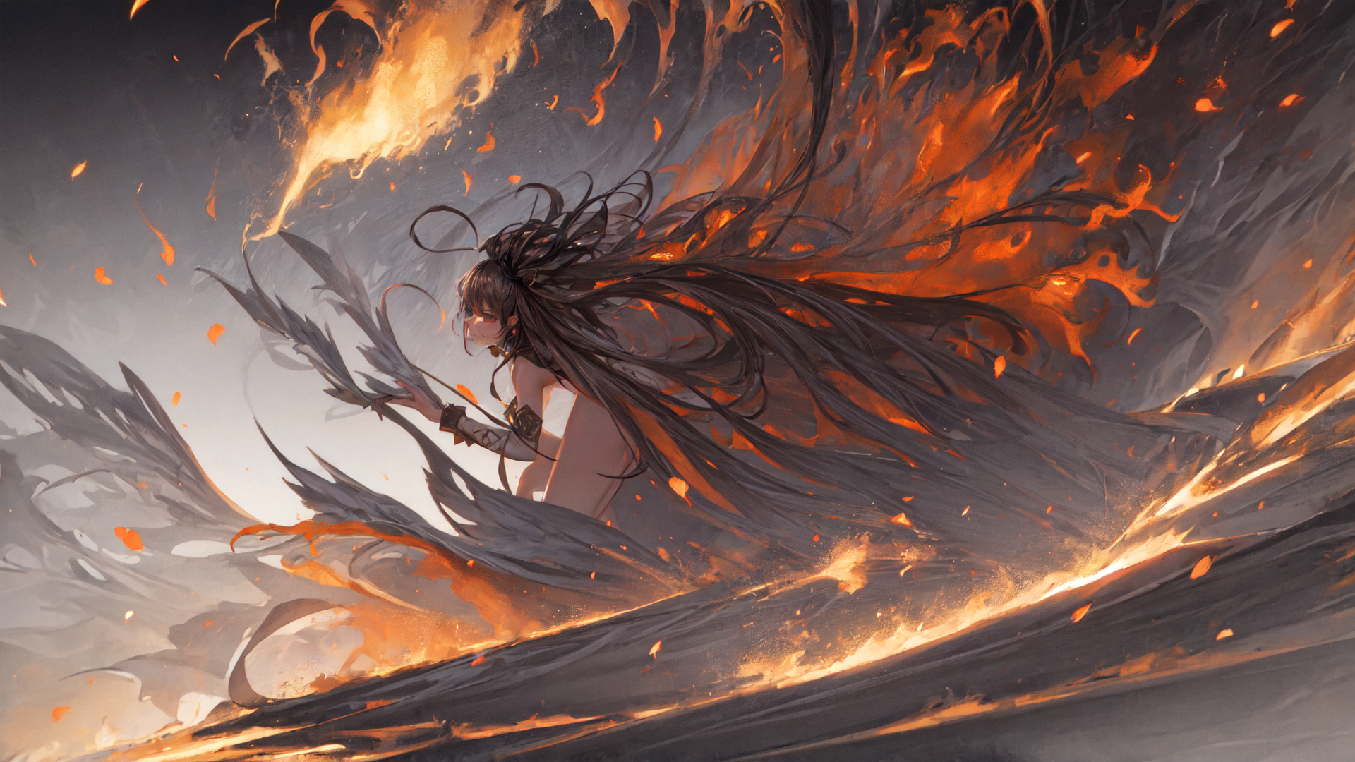 AI generated wallpaper featuring woman, fire, feathers