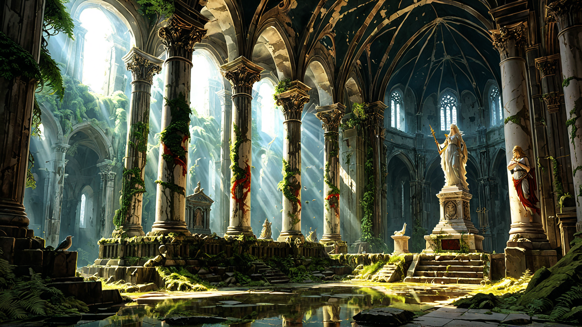 AI generated wallpaper featuring cathedral, columns, statue, sunlight, plants, ruins, bird, water, frescoes, arches