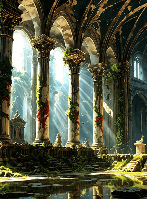 cathedral, columns, statue, sunlight, plants, ruins, bird, water, frescoes, arches