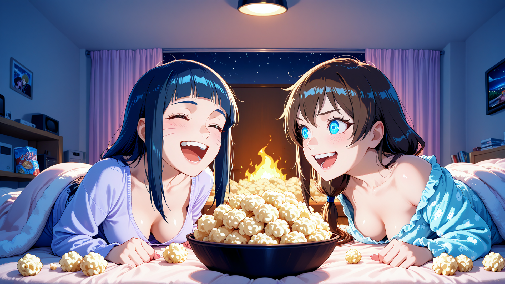 AI generated wallpaper featuring girls, popcorn, bedroom