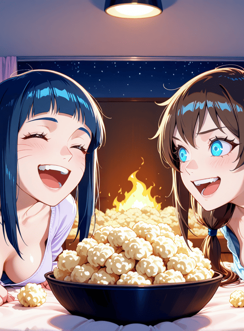 girls, popcorn, bedroom