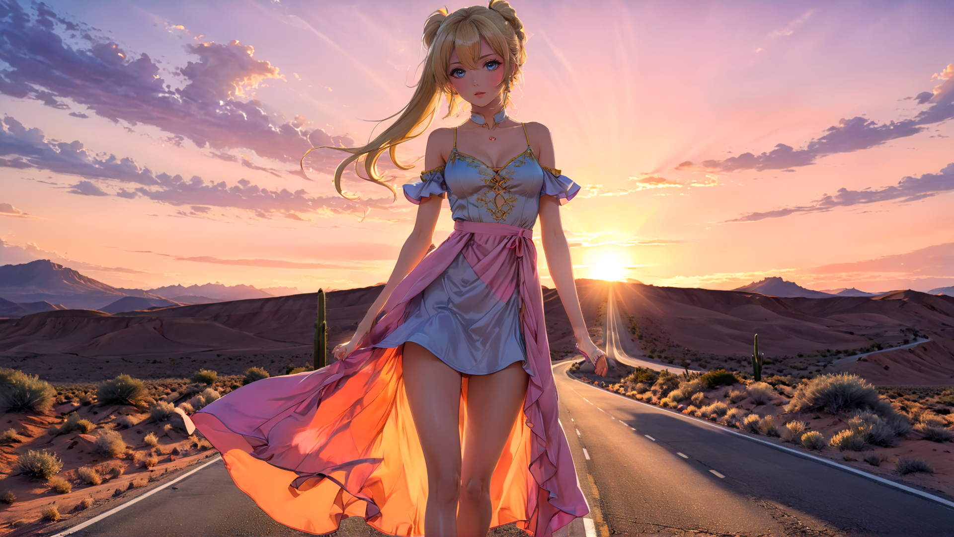 AI generated wallpaper featuring anime girl, desert, road